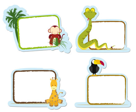 animal stickers for school, monkey, snake, giraffe and toucan