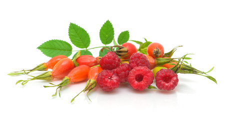 raspberry and rosehip berries on a white background close-up