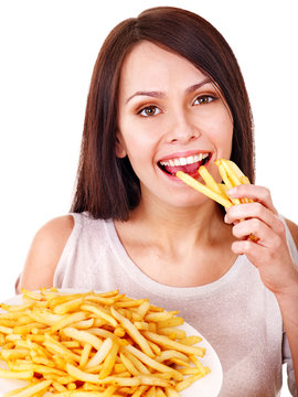 Woman Eating French Fries.