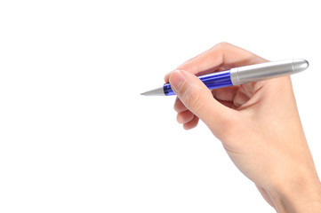 Male hand with pen on white background