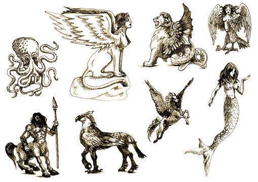 A large series of mystical creatures. Drawings into vector