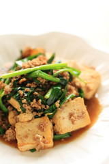 Chinese cuisine, Tofu and mince stir fried on white background