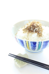 Japanese food, Furikake of small sardines and seaweed on rice