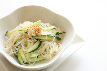 Asian food, gelatin noodles and cucumbe salad