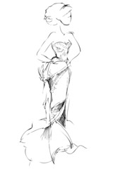 a sketch of girl of blonde is in a beautiful evening long dress
