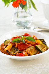 Fettuccine and Grilled vegetables in tomato sauce