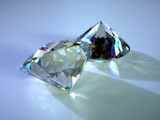 two gems with caustics placed on blue plane
