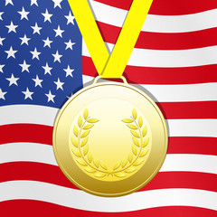 Gold medal with United States flag background