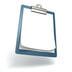 blue business office clip board and paper on white background