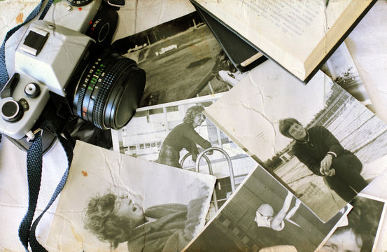 old photographs and old camera. Youth of my mom.