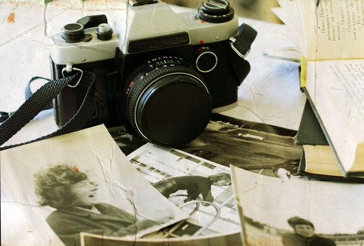old photographs and old camera. Youth of my mom.