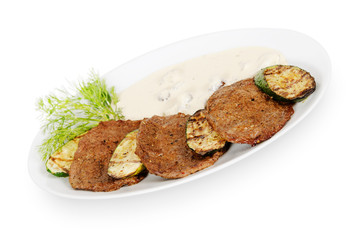 pancakes with liver and grilled eggplant