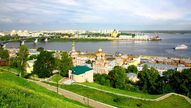 Nizhny Novgorod panoramic cityscape in the morning of july