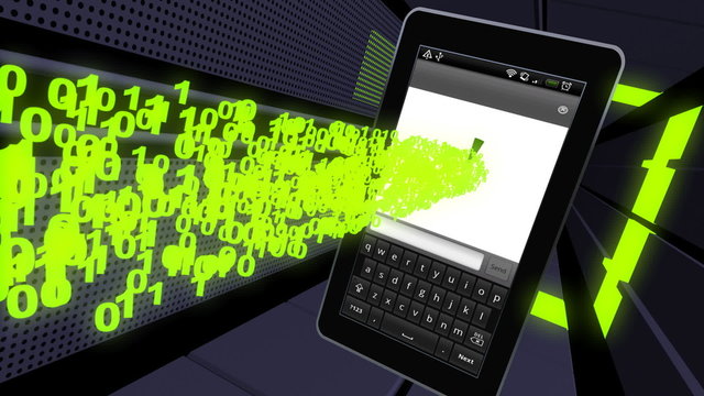 A stream of digital data loads into a smartphone.
