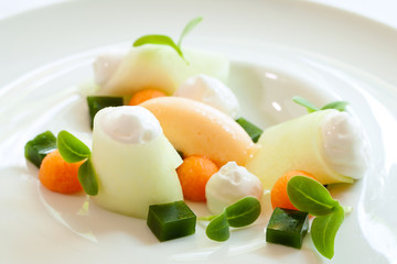 melon dessert with multiple textures.