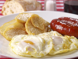 Fried eggs & potatoes with “chorizo” (red spicy sausage)