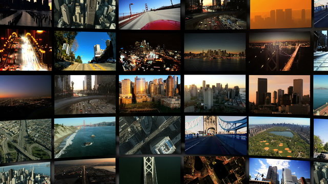 Montage of 3D digital images of cities in travel locations