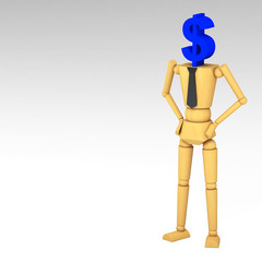 The wooden doll with dollar sign 3d illustration
