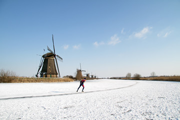 Ice skating at Kinderdijk in the Netherlands