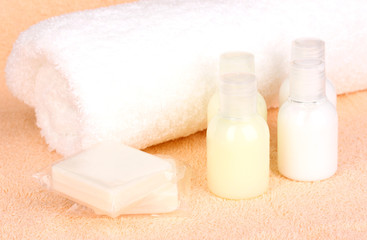 Hotel amenities kit on towel