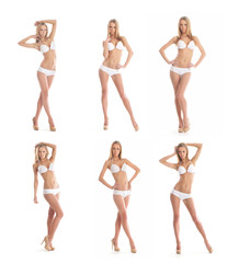 Six young blond Caucasian women in white swimsuits