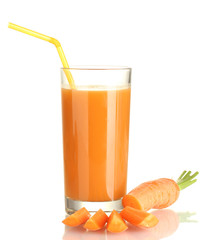 glass of carrot juice and fresh carrot isolated on white