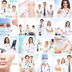 Fototapeta na wymiar Collage lekarzy i twarze kobiet na botox procedury
