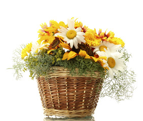beautiful bouquet of bright wildflowers in basket, isolated