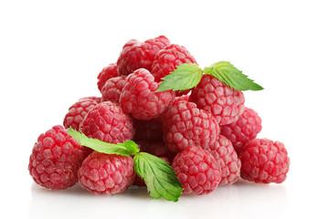 ripe raspberries with mint  isolated on white