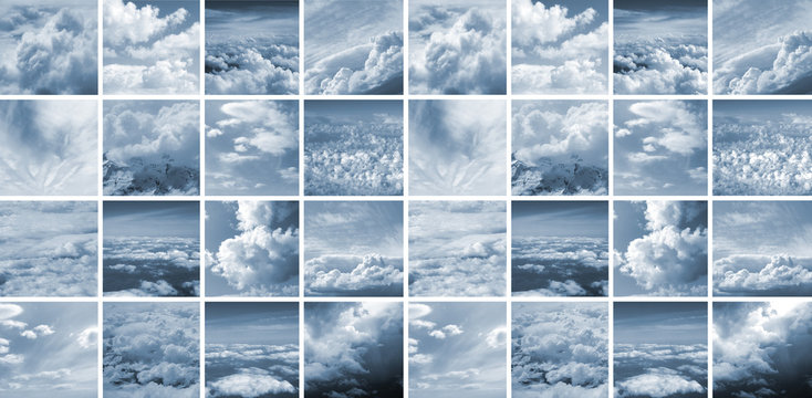 A collage of images with beautiful blue sky and white clouds