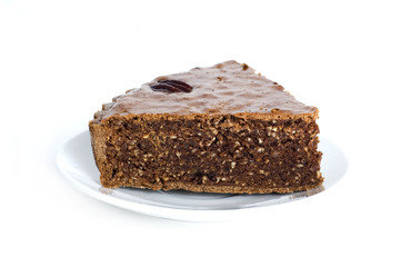 piece of chocolate cake with nuts