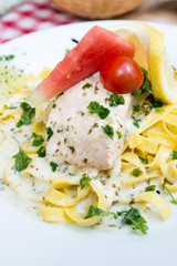 pasta and smoked salmon with tomato