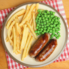Sausages with Chips and Peas