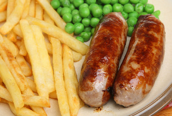 Sausages, Peas and Chips