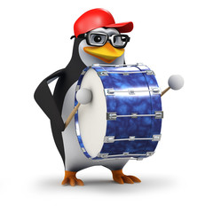3d Penguin in baseball hat plays a big drum