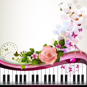 Piano keys with rose and butterflies