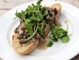 Creamy Cheese Mushroom Bruschetta with Watercress