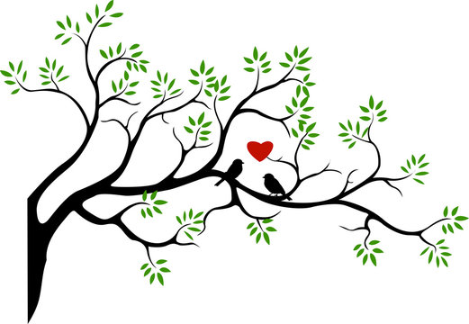 tree silhouette with bird love couple