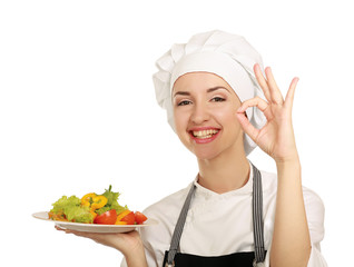 Attractive cook woman showing ok over white background