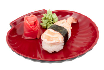 Shrimp sushi closeup isolated on white background