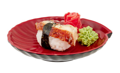 Eel sushi. Isolated over white.