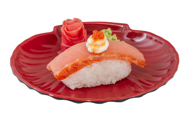 salmon sushi with white background