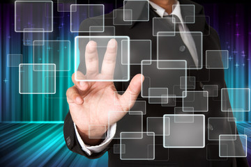 business hand pushing the virtual button as concept with abstrac