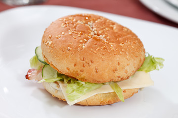 cheeseburger on the white plate