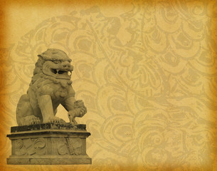 ancient stone lion on Old antique vintage paper background