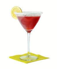 Strawberry Margarita cocktail, consisting of tequila mixed with orange-flavoured liqueur and lime, served with salt on the glass rim.