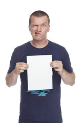 crazy guy with blank white paper poster