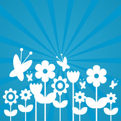 Fototapeta na wymiar Cute blue greeting card with flower silhouettes