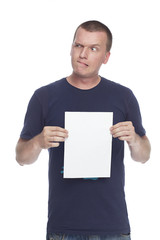 crazy guy with blank white paper poster