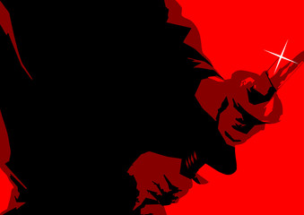 A close up illustration of a man holding a katana